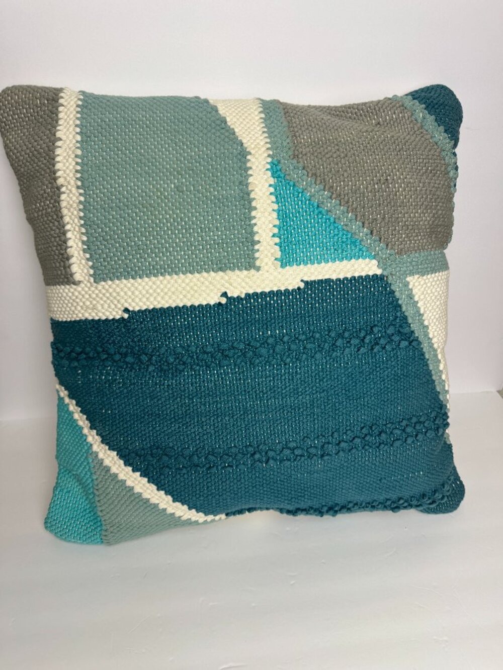 West Elm Textured Woven Throw Pillow 20x20 Teal Gray Cream Geometric Cotton
